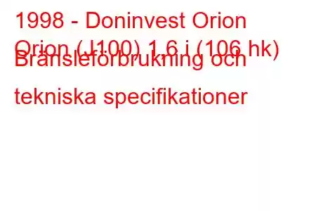 1998 - Doninvest Orion
Orion (J100) 1,6 i (106 hk) Bränsleförbrukning och tekniska specifikationer