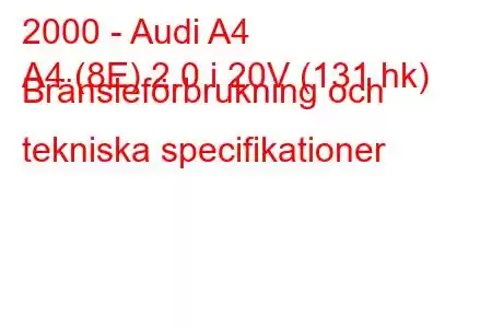 2000 - Audi A4
A4 (8E) 2.0 i 20V (131 hk) Bränsleförbrukning och tekniska specifikationer