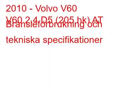 2010 - Volvo V60
V60 2.4 D5 (205 hk) AT Bränsleförbrukning och tekniska specifikationer