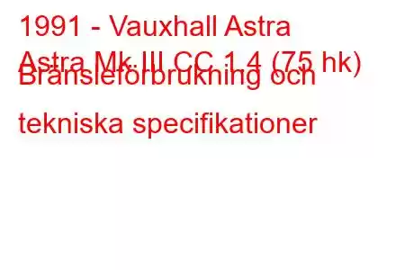 1991 - Vauxhall Astra
Astra Mk III CC 1.4 (75 hk) Bränsleförbrukning och tekniska specifikationer