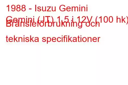 1988 - Isuzu Gemini
Gemini (JT) 1,5 i 12V (100 hk) Bränsleförbrukning och tekniska specifikationer