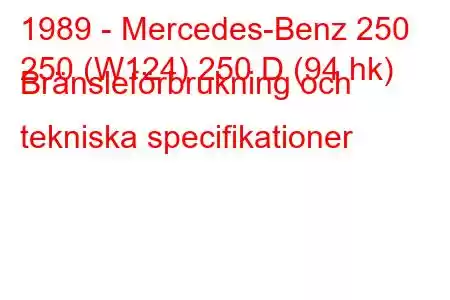 1989 - Mercedes-Benz 250
250 (W124) 250 D (94 hk) Bränsleförbrukning och tekniska specifikationer