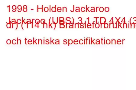 1998 - Holden Jackaroo
Jackaroo (UBS) 3.1 TD 4X4 (3 dr) (114 hk) Bränsleförbrukning och tekniska specifikationer