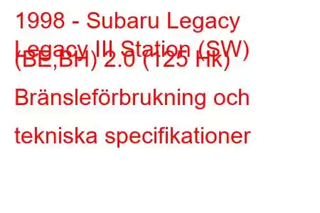 1998 - Subaru Legacy
Legacy III Station (SW) (BE,BH) 2.0 (125 Hk) Bränsleförbrukning och tekniska specifikationer