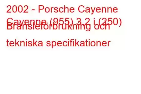 2002 - Porsche Cayenne
Cayenne (955) 3,2 i (250) Bränsleförbrukning och tekniska specifikationer