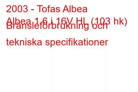 2003 - Tofas Albea
Albea 1.6 i 16V HL (103 hk) Bränsleförbrukning och tekniska specifikationer