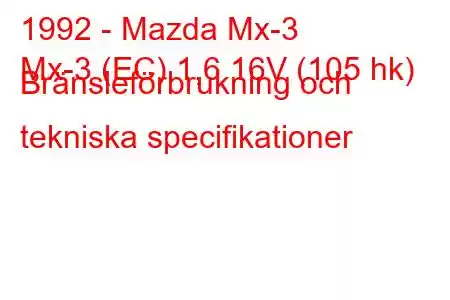 1992 - Mazda Mx-3
Mx-3 (EC) 1,6 16V (105 hk) Bränsleförbrukning och tekniska specifikationer