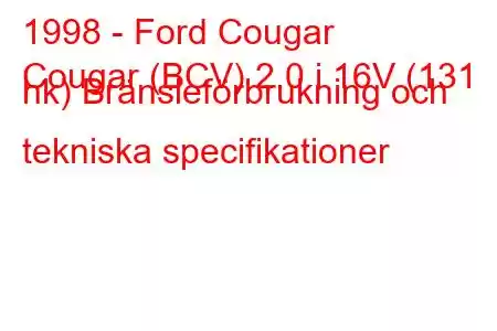 1998 - Ford Cougar
Cougar (BCV) 2.0 i 16V (131 hk) Bränsleförbrukning och tekniska specifikationer