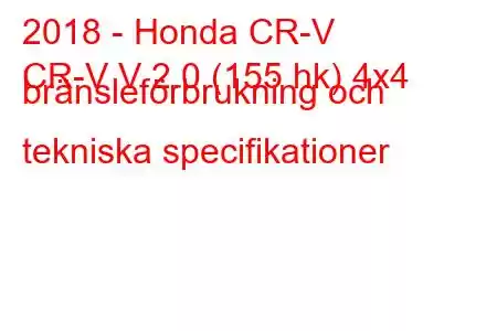 2018 - Honda CR-V
CR-V V 2.0 (155 hk) 4x4 bränsleförbrukning och tekniska specifikationer