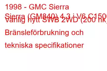 1998 - GMC Sierra
Sierra (GM840) 4.3 i V6 C1500 Vanlig hytt SWB 2WD (200 hk) Bränsleförbrukning och tekniska specifikationer