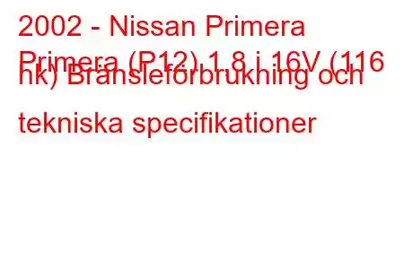 2002 - Nissan Primera
Primera (P12) 1,8 i 16V (116 hk) Bränsleförbrukning och tekniska specifikationer