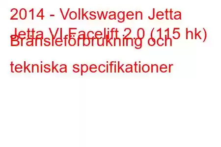 2014 - Volkswagen Jetta
Jetta VI Facelift 2.0 (115 hk) Bränsleförbrukning och tekniska specifikationer