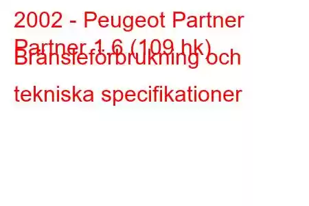 2002 - Peugeot Partner
Partner 1.6 (109 hk) Bränsleförbrukning och tekniska specifikationer