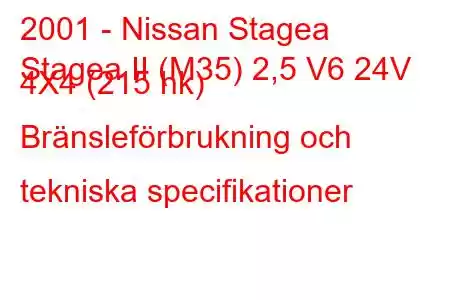 2001 - Nissan Stagea
Stagea II (M35) 2,5 V6 24V 4X4 (215 hk) Bränsleförbrukning och tekniska specifikationer