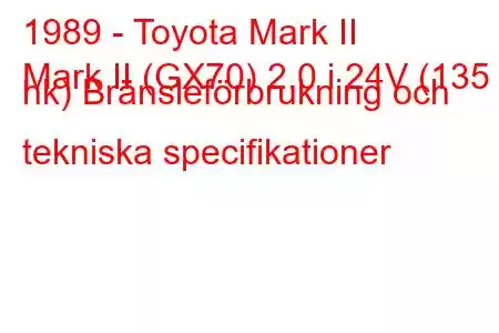 1989 - Toyota Mark II
Mark II (GX70) 2.0 i 24V (135 hk) Bränsleförbrukning och tekniska specifikationer