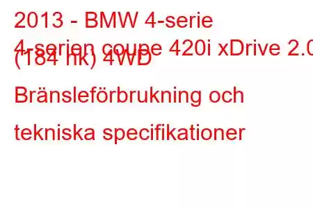 2013 - BMW 4-serie
4-serien coupe 420i xDrive 2.0 (184 hk) 4WD Bränsleförbrukning och tekniska specifikationer