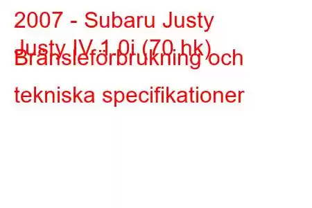 2007 - Subaru Justy
Justy IV 1.0i (70 hk) Bränsleförbrukning och tekniska specifikationer