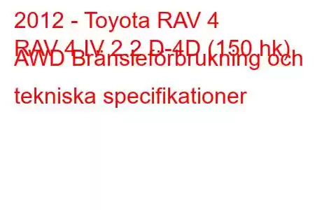 2012 - Toyota RAV 4
RAV 4 IV 2.2 D-4D (150 hk) AWD Bränsleförbrukning och tekniska specifikationer