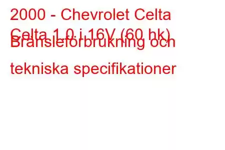 2000 - Chevrolet Celta
Celta 1.0 i 16V (60 hk) Bränsleförbrukning och tekniska specifikationer