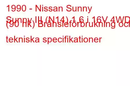 1990 - Nissan Sunny
Sunny III (N14) 1,6 i 16V 4WD (90 hk) Bränsleförbrukning och tekniska specifikationer