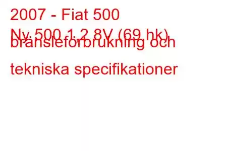 2007 - Fiat 500
Ny 500 1,2 8V (69 hk) bränsleförbrukning och tekniska specifikationer