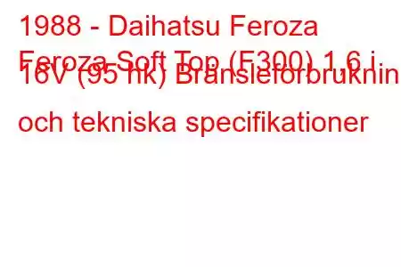 1988 - Daihatsu Feroza
Feroza Soft Top (F300) 1,6 i 16V (95 hk) Bränsleförbrukning och tekniska specifikationer