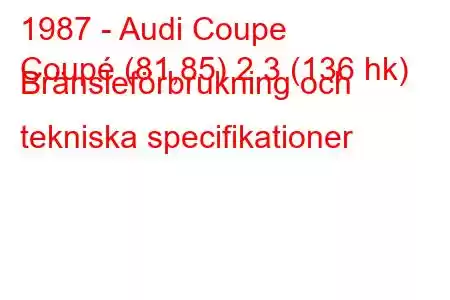 1987 - Audi Coupe
Coupé (81,85) 2,3 (136 hk) Bränsleförbrukning och tekniska specifikationer