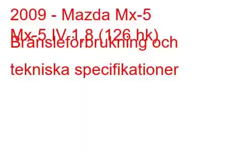 2009 - Mazda Mx-5
Mx-5 IV 1,8 (126 hk) Bränsleförbrukning och tekniska specifikationer