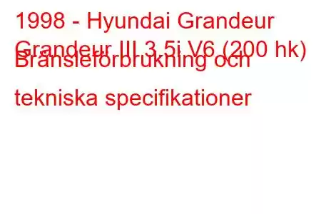 1998 - Hyundai Grandeur
Grandeur III 3.5i V6 (200 hk) Bränsleförbrukning och tekniska specifikationer