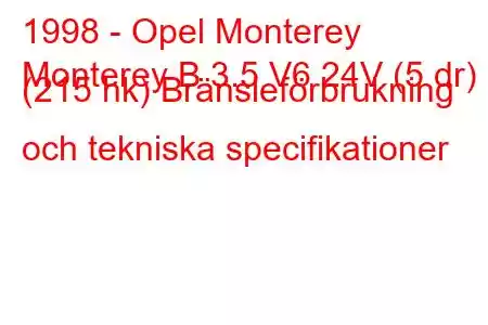 1998 - Opel Monterey
Monterey B 3.5 V6 24V (5 dr) (215 hk) Bränsleförbrukning och tekniska specifikationer