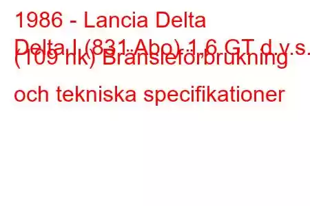 1986 - Lancia Delta
Delta I (831 Abo) 1,6 GT d.v.s. (109 hk) Bränsleförbrukning och tekniska specifikationer