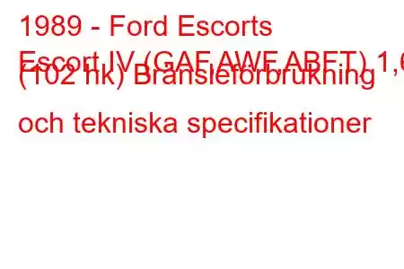 1989 - Ford Escorts
Escort IV (GAF,AWF,ABFT) 1,6 (102 hk) Bränsleförbrukning och tekniska specifikationer