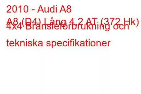 2010 - Audi A8
A8 (D4) Lång 4,2 AT (372 Hk) 4x4 Bränsleförbrukning och tekniska specifikationer