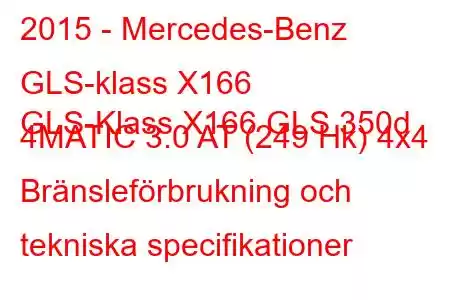 2015 - Mercedes-Benz GLS-klass X166
GLS-Klass X166 GLS 350d 4MATIC 3.0 AT (249 Hk) 4x4 Bränsleförbrukning och tekniska specifikationer