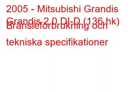 2005 - Mitsubishi Grandis
Grandis 2.0 DI-D (136 hk) Bränsleförbrukning och tekniska specifikationer