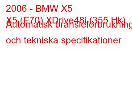 2006 - BMW X5
X5 (E70) XDrive48i (355 Hk) Automatisk bränsleförbrukning och tekniska specifikationer