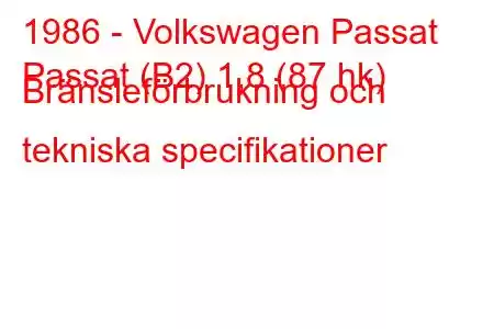 1986 - Volkswagen Passat
Passat (B2) 1,8 (87 hk) Bränsleförbrukning och tekniska specifikationer