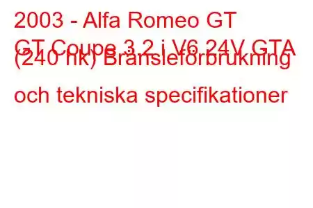 2003 - Alfa Romeo GT
GT Coupe 3.2 i V6 24V GTA (240 hk) Bränsleförbrukning och tekniska specifikationer