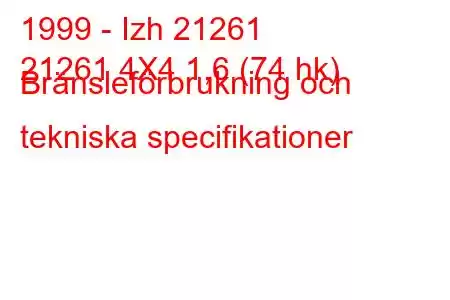 1999 - Izh 21261
21261 4X4 1,6 (74 hk) Bränsleförbrukning och tekniska specifikationer