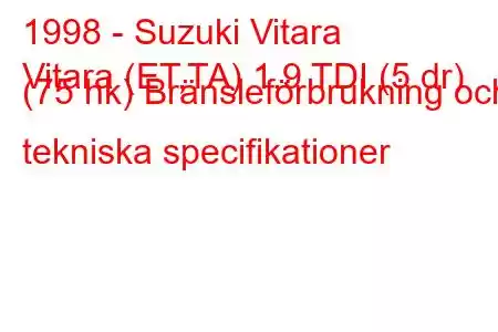 1998 - Suzuki Vitara
Vitara (ET,TA) 1,9 TDI (5 dr) (75 hk) Bränsleförbrukning och tekniska specifikationer