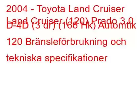 2004 - Toyota Land Cruiser
Land Cruiser (120) Prado 3.0 D-4D (3 dr) (166 Hk) Automtik 120 Bränsleförbrukning och tekniska specifikationer