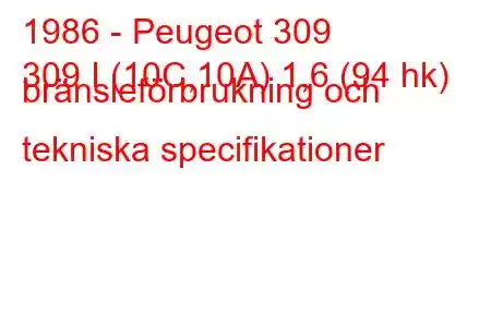 1986 - Peugeot 309
309 I (10C,10A) 1,6 (94 hk) bränsleförbrukning och tekniska specifikationer