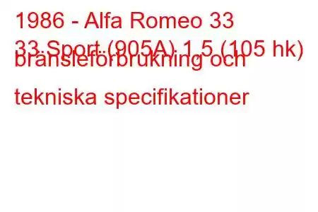 1986 - Alfa Romeo 33
33 Sport (905A) 1,5 (105 hk) bränsleförbrukning och tekniska specifikationer