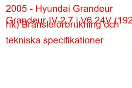 2005 - Hyundai Grandeur
Grandeur IV 2.7 i V6 24V (192 hk) Bränsleförbrukning och tekniska specifikationer