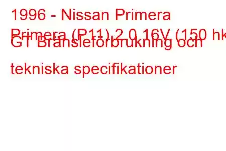 1996 - Nissan Primera
Primera (P11) 2.0 16V (150 hk) GT Bränsleförbrukning och tekniska specifikationer