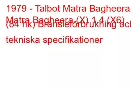 1979 - Talbot Matra Bagheera
Matra Bagheera (X) 1.4 (X6) (84 hk) Bränsleförbrukning och tekniska specifikationer