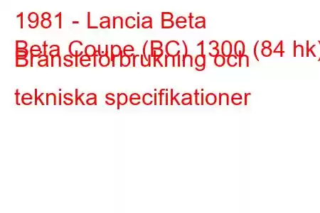 1981 - Lancia Beta
Beta Coupe (BC) 1300 (84 hk) Bränsleförbrukning och tekniska specifikationer