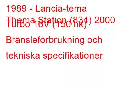 1989 - Lancia-tema
Thema Station (834) 2000 Turbo 16V (150 hk) Bränsleförbrukning och tekniska specifikationer