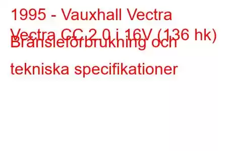 1995 - Vauxhall Vectra
Vectra CC 2.0 i 16V (136 hk) Bränsleförbrukning och tekniska specifikationer