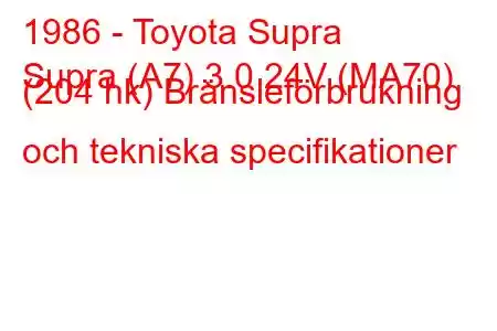 1986 - Toyota Supra
Supra (A7) 3.0 24V (MA70) (204 hk) Bränsleförbrukning och tekniska specifikationer